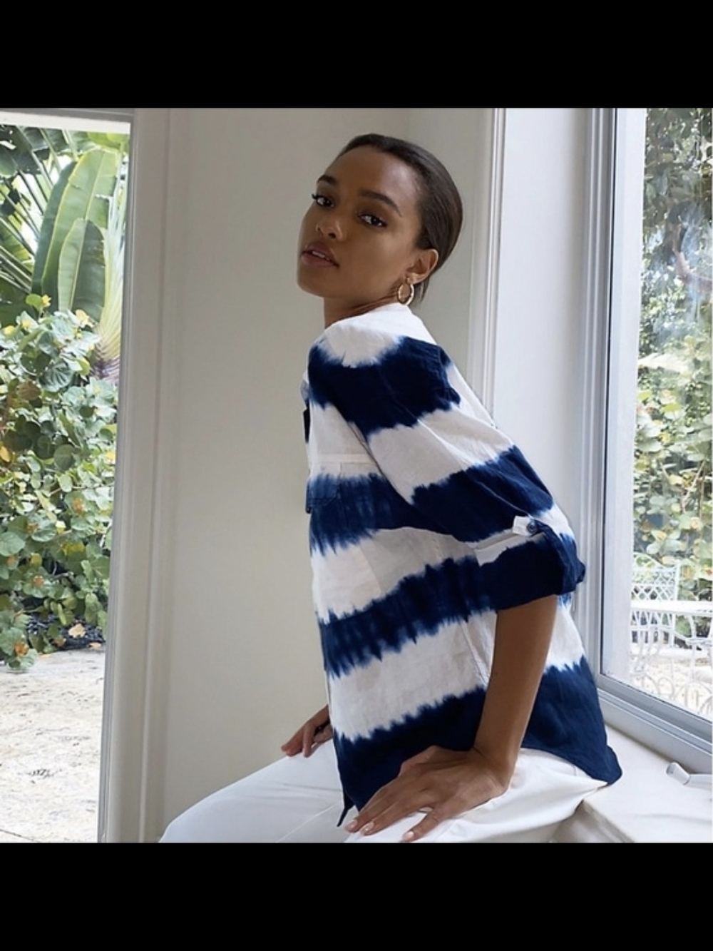 Babaton Navy and White Tie-Dye Button Shirt - Picture 2 of 5